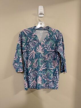 Women's UV Skinz Teal Tropical Print V-Neck Sun & Swim Top. Size M